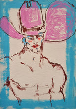 Load image into Gallery viewer, Perfectly Imperfect... Cowboy!! - Fine Art Giclée Print by IsaLu Ishii - stylised portrait of a shirtless cowboy wearing an oversized pink hat, with colourful linework on an off-white background and a bright blue border.