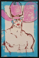 Load image into Gallery viewer, A framed Fine Art Giclée Print by IsaLu Ishii - stylised portrait of a shirtless cowboy wearing an oversized pink hat, with colourful linework on an off-white background and a bright blue border.