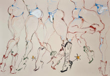 Load image into Gallery viewer, Cowboys and Models... at it Again!! by IsaLu Ishii – colourful figurative artwork featuring multiple cowboys in minimal clothing, drawn with fine brown, blue, green and black lines on a warm off-white background.