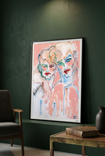 Load image into Gallery viewer, It's a La-Vie-en-Rose Moment... by IsaLu Ishii - a framed abstract portrait print of two male figures leaning against a dark green wall in a styled interior setting.