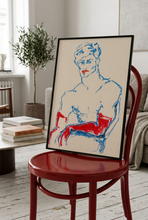 Load image into Gallery viewer, A Perfectly Perfect Boy with Red Gloves!! by IsaLu Ishii - a framed print of a male wearing red gloves, leaning against a laquered red chair.