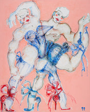 Load image into Gallery viewer, Ribbons 'n' Flair!! by IsaLu Ishii - an art print of two male dancers wearing Madonna/JPG, inspired corsets. Blue, pink, red lips.