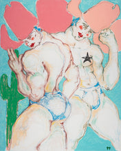 Load image into Gallery viewer, Wild... But Subtle!! by IsaLu Iahii - a colorful art print depicting two muscular cowboys with pink hats and a turquoise background.