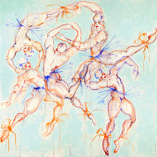Load image into Gallery viewer, Swans… by IsaLu Ishii – an art print depicting playful male ballet dancers wearing tutus in dynamic poses.