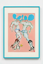 Load image into Gallery viewer, Another Day, Another Modelling Gig!! by IsaLu Ishii – colourful figurative art print featuring two cowboys with blue hats, displayed in a light blue frame with a white mount.