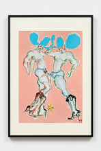 Load image into Gallery viewer, Another Day, Another Modelling Gig!! by IsaLu Ishii – colourful figurative art print featuring two cowboys with blue hats, displayed in a black frame with a white mount.