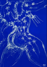 Load image into Gallery viewer, Torero... White!! by IsaLu Ishii - an art print featuring a stylized, abstract torero in white on a blue background with floral patterns.