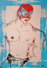 Load image into Gallery viewer, El Luchador... by IsaLu Ishii – colourful figurative artwork featuring a shirtless wrestler wearing a red and blue mask, with expressive brushstrokes and a bright blue border.
