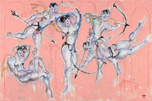Load image into Gallery viewer, Cupids and Models: Fancy Dress Party… by IsaLu Ishii – colourful figurative artwork featuring five mischievous cupids in dynamic poses against a pink background, with blue, white, black and gold details.
