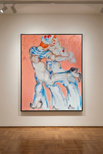 Load image into Gallery viewer, Ah, L'Amour... by IsaLu Ishii - a framed art print depicting two French sailors dancing and a city in the background. Displayed on a white wall.
