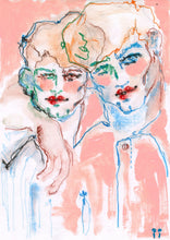Load image into Gallery viewer, It's a La-Vie-en-Rose Moment... by IsaLu Ishii - an illustration of two stylized male figures with abstract features and pastel colors.
