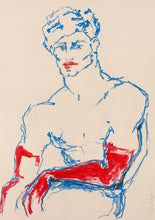 Load image into Gallery viewer, A Perfectly Perfect Boy with Red Gloves!! by IsaLu Ishii - an artistic depiction of a seated male with blue and red lines on a beige background.
