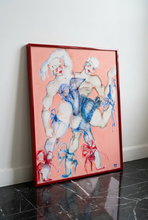 Load image into Gallery viewer, A framed painting of two male dancers wearing Madonna inspired corsets, leaning against a white wall on a dark marble floor. 
