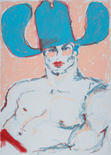 Load image into Gallery viewer, Cowboy In Red... Speedos!! by IsaLu Ishii -framed art print featuring a stylized, cowboy with a blue hat on a peach background.
