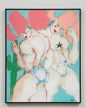 Load image into Gallery viewer, Wild... But Subtle!! by IsaLu Iahii - a framed colorful art print depicting two muscular cowboys with pink hats and a turquoise background.
