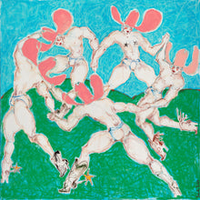 Load image into Gallery viewer, La Danse… Gone Wild Wild West by IsaLu Ishii – an art print depicting cowboys wearing pink hats and dancing in a circle against a blue and green background.
