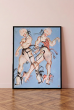Load image into Gallery viewer, More Frivolities at The Palace... by IsaLu Ishii - a framed art print depicting two male figures in Marie Antoinette inspired attire, against a blue background. Diaplsyed in a modert setting leaning agaist a powder pink wall.
