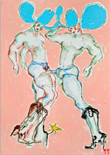 Load image into Gallery viewer, Another Day, Another Modelling Gig!! by IsaLu Ishii – colourful figurative artwork featuring two cowboys with blue hats against a pink background.
