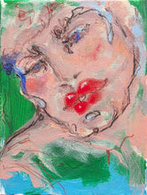 Load image into Gallery viewer, A Boy... with Red Lips by IsaLu Ishii - an abstract painting of a face with red lips and green background

